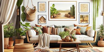 Stylish scandinavian living room with design mint sofa, furnitures, mock up poster map, plants and elegant personal accessories. Modern home decor. Bright and sunny room. Generative AI illustration. photo