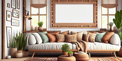 Stylish scandinavian living room with design mint sofa, furnitures, mock up poster map, plants and elegant personal accessories. Modern home decor. Bright and sunny room. Generative AI illustration. photo