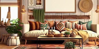 Stylish scandinavian living room with design mint sofa, furnitures, mock up poster map, plants and elegant personal accessories. Modern home decor. Bright and sunny room. Generative AI illustration. photo