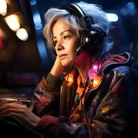 AI generated Old Woman with Short Messy Hairstyle, Listening to Music. Colorful Art Illustration. Generative Ai photo