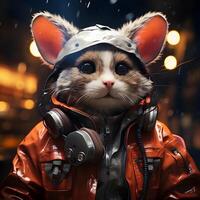 ai generado cyberpunk ratón vistiendo chaqueta y auriculares, mientras escuchando a música. linda ratones ilustración. generativo ai foto