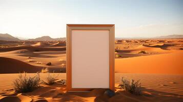 AI generated Empty Wooden Photo Frame in the Desert. Blank Picture Frame Mockup. Generative Ai