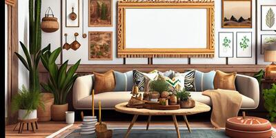 Stylish scandinavian living room with design mint sofa, furnitures, mock up poster map, plants and elegant personal accessories. Modern home decor. Bright and sunny room. Generative AI illustration. photo