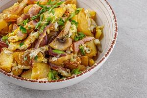 fried potatoes with mushrooms and ham on a stone background studio food photo 6