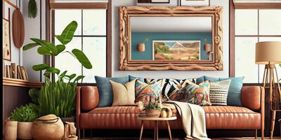 Stylish scandinavian living room with design mint sofa, furnitures, mock up poster map, plants and elegant personal accessories. Modern home decor. Bright and sunny room. Generative AI illustration. photo