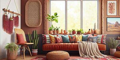 Stylish scandinavian living room with design mint sofa, furnitures, mock up poster map, plants and elegant personal accessories. Modern home decor. Bright and sunny room. Generative AI illustration. photo