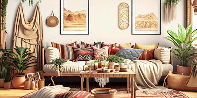 Stylish scandinavian living room with design mint sofa, furnitures, mock up poster map, plants and elegant personal accessories. Modern home decor. Bright and sunny room. Generative AI illustration. photo