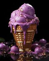 AI generated Purple Ice Cream with Gold Topping Isolated on Dark Background. Dripping and Melting Ice Cream. Generative Ai photo