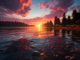 AI generated Beautiful Sunset Panorama Over The Lake and Horizon. Serene Landscape Wallpaper. Generative Ai photo