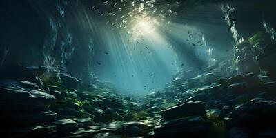 AI generated Deep and Dark Ocean with Sun Rays Reaching the Rocky Seabed. Underwater Scene. Generative Ai photo