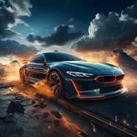 AI generated Futuristic Sport Car Drifting on Track with Light Trails Effect. Generative Ai photo