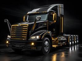 AI generated Luxury Blackk and Gold Semi Truck on Black Background. Cargo Delivery Truck. Generative Ai photo