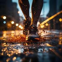 ai generado un atleta carreras en un pista con energético fuego efecto detrás. generativo ai foto