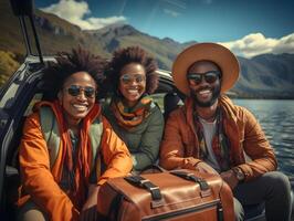 ai generado grupo de contento africano amigos de viaje por coche. generativo ai foto