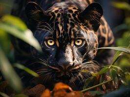 ai generado negro pantera tallos presa en el bosque. fauna silvestre fotografía. generativo ai foto