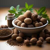 AI generated Pile of Nutmeg Isolated on White Background. Generative Ai photo