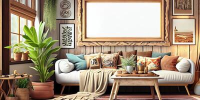 Stylish scandinavian living room with design mint sofa, furnitures, mock up poster map, plants and elegant personal accessories. Modern home decor. Bright and sunny room. Generative AI illustration. photo