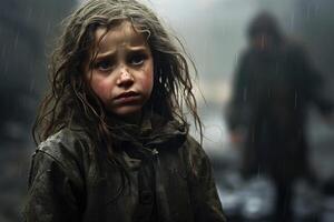 AI generated Dirty poor child, little homeless wet girl outdoors. Social problem of poverty photo