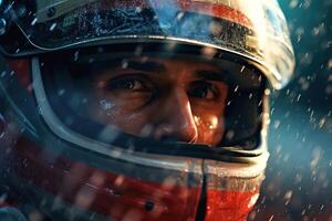 AI generated Sport speed racing, portrait of concentrated serious male car racer in protective helmet looking away in rainy weather, close-up of driver eye photo