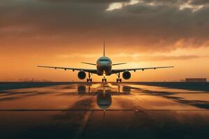 AI generated Airplane on runway, front view of an aerial passenger ship at sunset photo