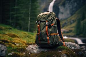 AI generated Green hiking backpack on a stone in the forest against the backdrop of a waterfall, travel bag in nature. Trip, hike, adventure, tourism concept photo