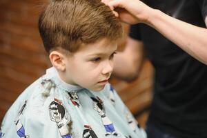 un pequeño linda chico se sienta en un peluquería a el estilista, un alumno es consiguiendo pelo cortar en un belleza salón, un niño a un barberías, un corto de los hombres Corte de pelo foto