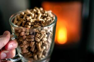 Pellet for stove or boiler in a glass, compressed wood pellet with a stove in background photo