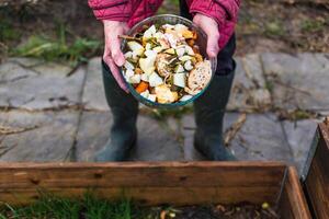 Person who put in a composter some kitchen waste like vegetables, fruits, eggshell, coffee grounds in order to sort and make bio fertilizer photo