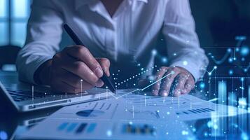 AI generated Business Professional Analyzing Financial Data on Interactive Display, Business Analytics and Growth Concept with Hand Drawing Graph photo