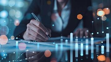 AI generated Business Professional Analyzing Financial Data on Interactive Display, Business Analytics and Growth Concept with Hand Drawing Graph photo