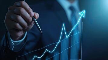 AI generated Business Professional Analyzing Financial Data on Interactive Display, Business Analytics and Growth Concept with Hand Drawing Graph photo