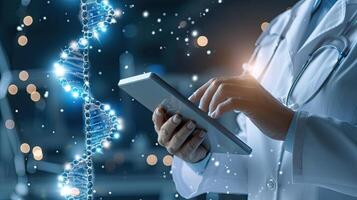 AI generated Futuristic Medical Research with Glowing DNA Structure and Tablet photo