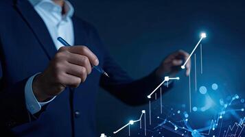 AI generated Business Professional Analyzing Financial Data on Interactive Display, Business Analytics and Growth Concept with Hand Drawing Graph photo