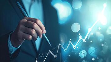 AI generated Business Professional Analyzing Financial Data on Interactive Display, Business Analytics and Growth Concept with Hand Drawing Graph photo