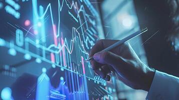 AI generated Business Professional Analyzing Financial Data on Interactive Display, Business Analytics and Growth Concept with Hand Drawing Graph photo