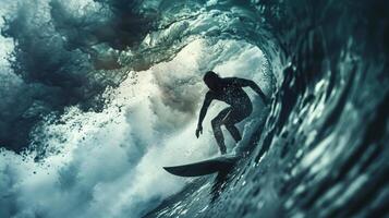 AI generated Surfer Riding a Powerful Wave Inside a Majestic Barrel photo