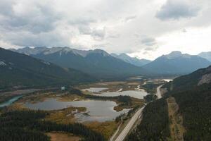 Aerial view of the Bow River and Vermilion Lakes near Banff. photo