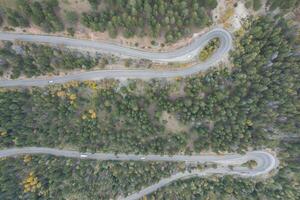 Aerial view of a beautiful curving road between pine trees, in the Rocky Mountains. photo