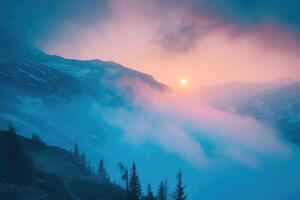 ai generado etéreo picos amanecer se despliega en el montaña neblina. generativo ai foto