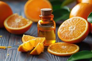 AI generated Orange essential oil with fresh sliced orange fruits. generative ai photo