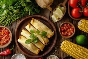 AI generated Traditional Treasures,Authentic Tamales Straight from the Heart with ingredients, top view. generative ai photo