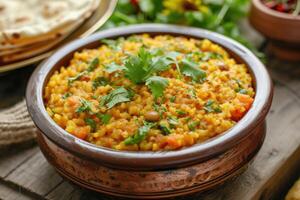 AI generated Khichdi or khichri is a dish in South Asian cuisine made of rice and lentils with numerous variations. generative ai photo