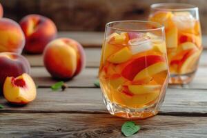 AI generated Refreshing Peach Sangria on wooden kitchen background. generative ai photo