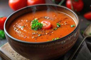 ai generado tomate shorba un humeante cuenco de cremoso tomate sopa guarnición. generativo ai foto