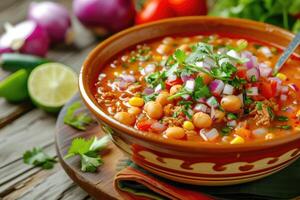 ai generado sopa con un girar, descubrir el negrita y picante delicias de pozole. generativo ai foto