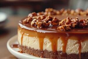 AI generated Dessert Fusion. Exploring the Richness of Pretzels and Caramel in Cheesecake, generative ai photo
