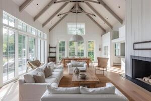 AI generated White Modern Farmhouse Living Room with Vaulted Ceilings Design Ideas. generative ai photo