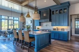 AI generated Modern Farmhouse Blue Kitchen with Blue Cabinets and Island. generative ai photo