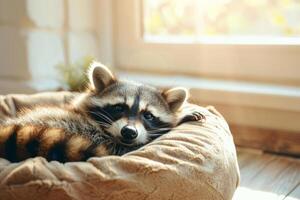 ai generado mapache descansa en un mascota cama. generativo ai foto