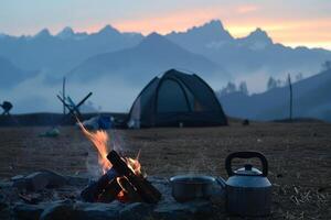 AI generated Camp fire and tea pot with tent and mountains in the background. Generative AI photo